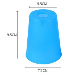 A blue plastic speed stacking cup with measurements displayed, featuring a simple design and a logo on the side.