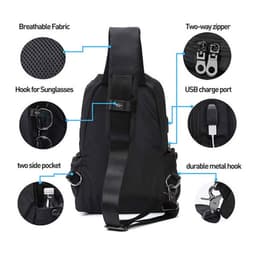 A black Sling Crossbody Shoulder Bag features breathable fabric, a USB charge port, and multiple pockets. It includes a hook for sunglasses.