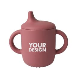 A pink food grade silicone baby feeding cup with easy-grip handles and a spout, featuring a logo.