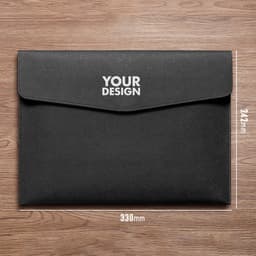 A black PU leather A4 document file folder with a closed flap and dimensions displayed. It features a logo.