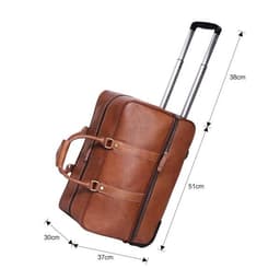 A wheeled duffel bag in brown leather with a retractable handle and dimensions displayed in centimetres.