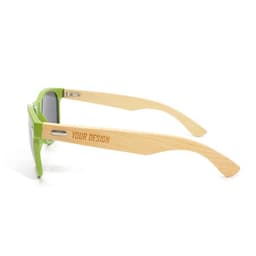 Sunglasses with green frames and bamboo temples, featuring a logo on the side of the temples.