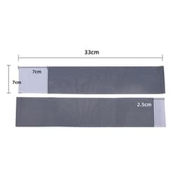 A grey elastic armband with measurements of 33cm by 7cm, featuring a section of 2.5cm width and a logo.