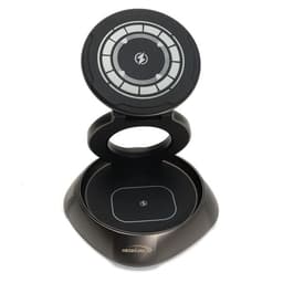 A magnetic wireless charger stand in black with a circular charging pad and a sleek, modern design. It features a logo.