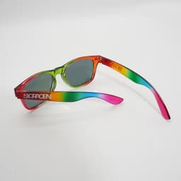 Classic rainbow sunglasses with a green and pink gradient frame and grey lenses, featuring a logo on the arm.