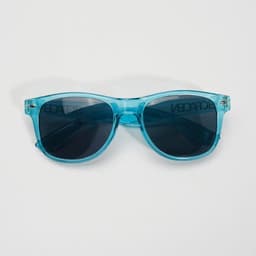 A pair of blue fashion sunglasses with dark lenses and a light blue transparent frame, featuring a logo on the side.