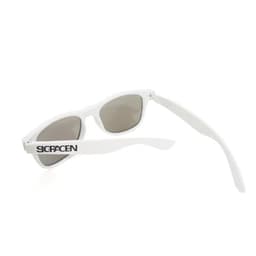 A pair of white sunglasses with grey lenses and a logo on the side.