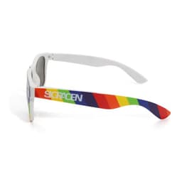 Rainbow adult sunglasses with white frames and multicoloured striped arms. Features a logo on one arm.