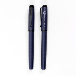 A navy blue refillable ink metal fountain pen with a textured body and clip. It features a logo.
