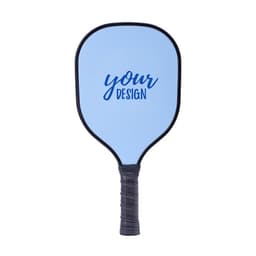 A light blue pickleball paddle with a black handle and a logo in the centre for custom designs.