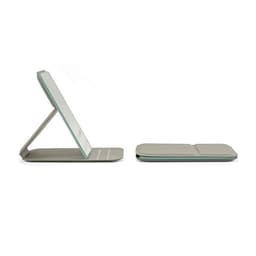 A folding mirror in a neutral grey colour with a sleek, portable design, featuring a stand and a flat base.