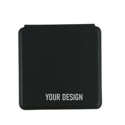 A black magnetic mini travel makeup mirror with a flat design and branding area for customisation.