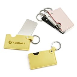 A rotating credit card mirror with a PU leather holder, available in yellow, pink, and black, featuring a logo.