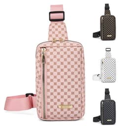 A pink PU leather chest pack with a zip and adjustable strap, alongside black and white patterned variations.