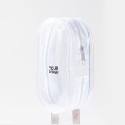 A transparent mini PVC storage bag with a white zip and a branding area.