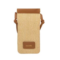 A PU leather braided mobile phone bag in beige and brown, featuring a strap and a logo.