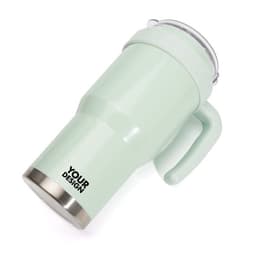 A drink bottle in mint green with a handle, straw, and a logo on the side.
