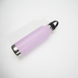 A drink bottle in matte lavender with a stainless steel bottom and a black lid. Features a logo.