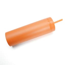 An orange 22 oz. plastic skinny tumbler with a straw and a matching screw-on lid. It has a logo on the side.
