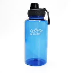 A blue plastic sports bottle with a black lid and a carry handle, featuring a logo.