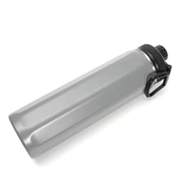 A drink bottle in silver stainless steel, featuring a black screw-on lid and a handle, with a logo.