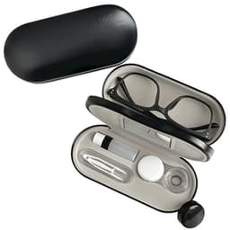 A black double-sided glasses case featuring glasses and storage compartments for cleaning supplies and accessories.