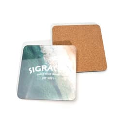 Acrylic coasters set featuring a glossy surface with a beach design and a cork backing, in square shape.