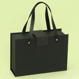 A black portable foldable gift box with a handle, featuring a secure closure and a simple design.
