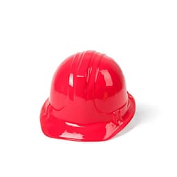 A shiny red construction helmet with a smooth surface and curved shape. It has a logo on one side.