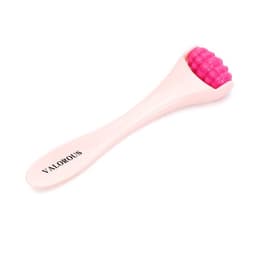 A pink roller eye cream stick with a white handle and a branding logo.