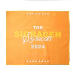 An orange microfiber towel featuring white and yellow text, with a logo in the design.