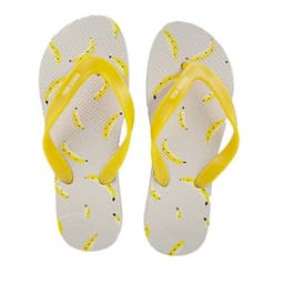 Rubber flip flops with yellow PVC straps and a banana print on a white background.