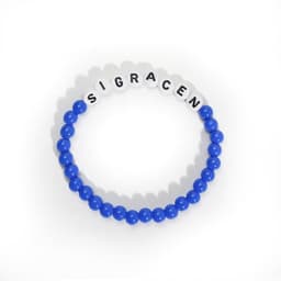 A blue handmade bead bracelet featuring white letter beads spelling "SIGRACEN".