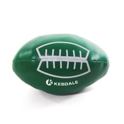 A green anti-stress football featuring white stitching and a logo on one side.