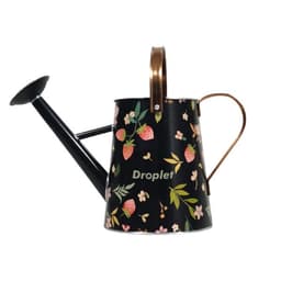 A black watering can with floral patterns, featuring a copper handle and a spout, includes branding on the side.