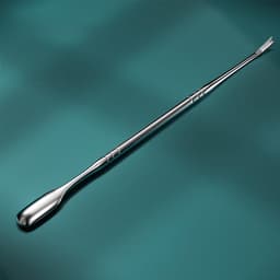 A stainless steel cuticle pusher with a smooth, shiny finish and a double-ended design on a teal background.