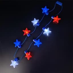 A string of star-shaped lights featuring red, white, and blue colours on a dark background.