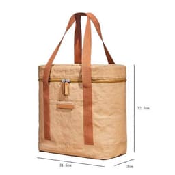 A tan insulated lunch bag with brown straps, featuring a zip closure and a front pocket. It has a branding logo.