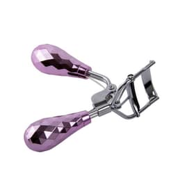 A stainless steel eyelash curler with faceted purple handles and a shiny metal frame. It features a branding logo.