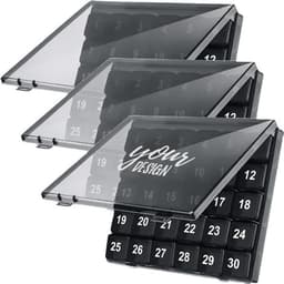 A monthly pill organizer with three transparent compartments, featuring black numbered slots beneath a clear lid.
