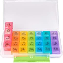 A rainbow-coloured seven-day pill box with sections for each day, featuring sun and moon icons. It has a transparent case.