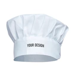 A white adjustable elastic band chef hat with a blank band for custom designs and a logo.