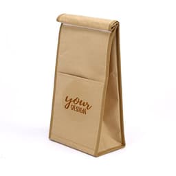 An insulated kraft paper lunch bag in a natural brown colour with a front pocket and a logo.