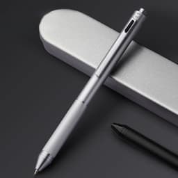 A silver 4-in-1 ballpoint pen sits atop a sleek grey case, featuring a textured grip and a black pen nearby.