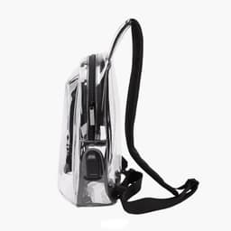 A transparent sling bag with a black strap and zip closure visible from the side. It features a sleek, modern design.