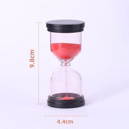 A sand timer with a pink interior and black top and base, measuring 9.8 cm tall and 4.4 cm wide.