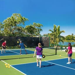 A vibrant outdoor scene featuring four people playing pickleball on a blue and green court surrounded by greenery.