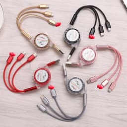 A set of five 3-in-1 retractable multi charging cords in gold, clear, black, red, and pink, each with a logo.