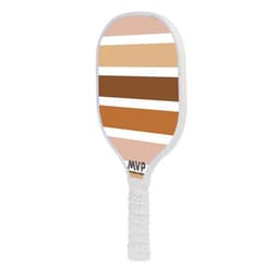 A pickleball paddle in shades of brown and cream, featuring a striped design and a textured handle.