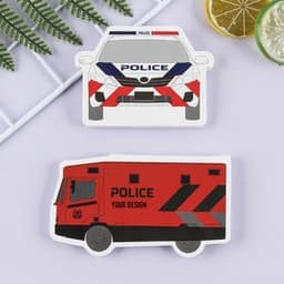 A set of custom sticky note pads shaped like a police car and an armoured vehicle, featuring red and blue designs.